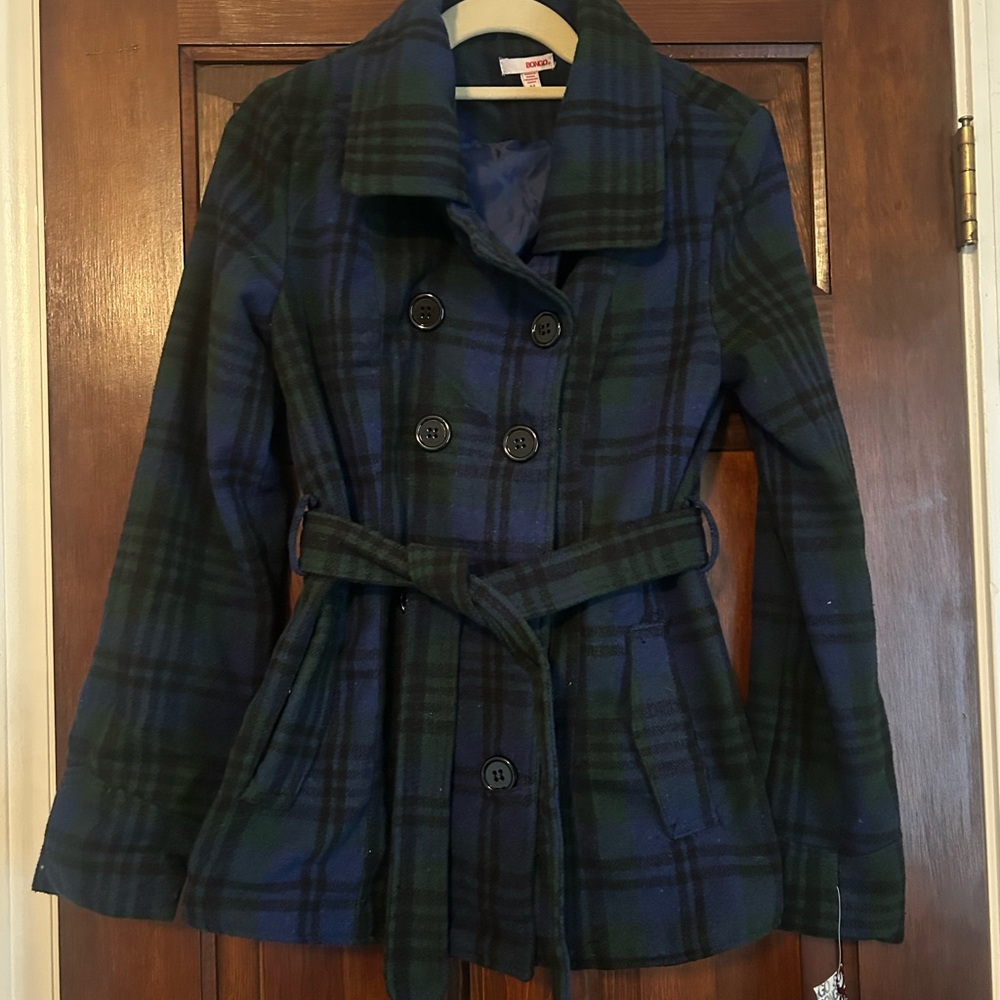 BONGO Blue and Green Plaid Belted Peacoat